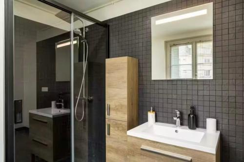 une salle de bain avec un lavabo et une douche avec un miroir dans l'établissement - L'instant Loire - Vue sur la Loire, à Blois