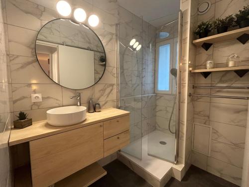 une salle de bain avec un lavabo et une douche avec un miroir dans l'établissement Appartement front de mer Cabourg, à Cabourg