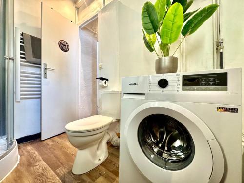 Un baño con lavadora y un inodoro. en Ostalet Blau Climatisé, en Béziers