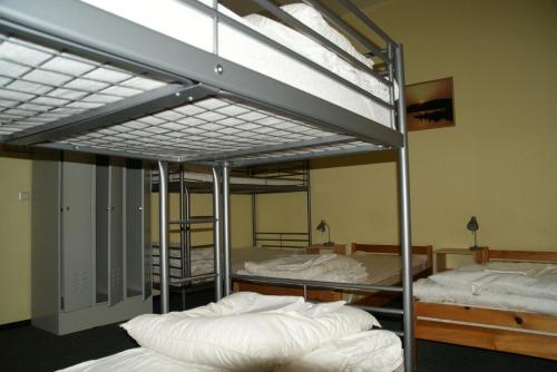 two bunk beds are in a room withthritisthritisthritisthritisthritisbestosbestosbestos at Happy Go Lucky Hotel + Hostel in Berlin