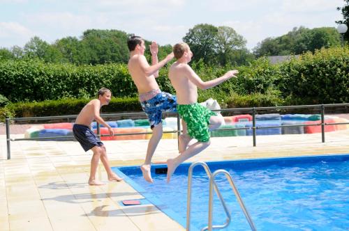 three young boys jumping into a swimming pool at Vakantiepark het Wieskamp in Henxel