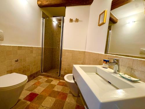 a bathroom with a sink and a toilet and a shower at Villa Il Frantoio and Lilmar in Praiano