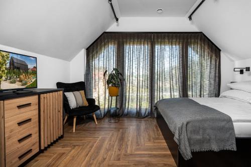 a bedroom with a bed and a tv and a chair at Bike ApartHouse 44 in Radomierzyce