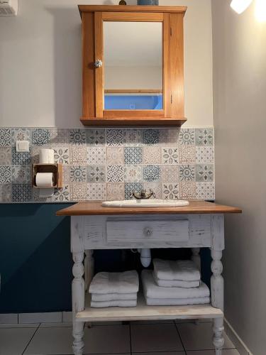 une salle de bain avec un lavabo et un miroir dans l'établissement Au rythme de Plume et Louna, à Molompize