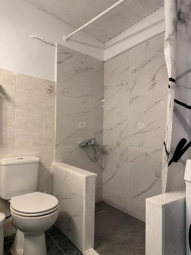 a white bathroom with a toilet and a shower at Vistas Venecianas Corfu in Corfu