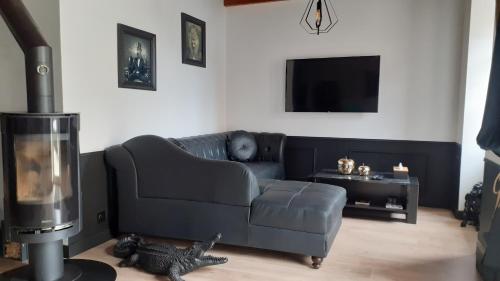 - un salon avec un canapé en cuir noir et une télévision dans l'établissement Gîte de Brocéliande Sauna & Spa, à Saint-Malon-sur-Mel