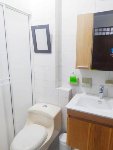 a white bathroom with a toilet and a sink at Agradable apto en el centro histórico in Cartagena de Indias