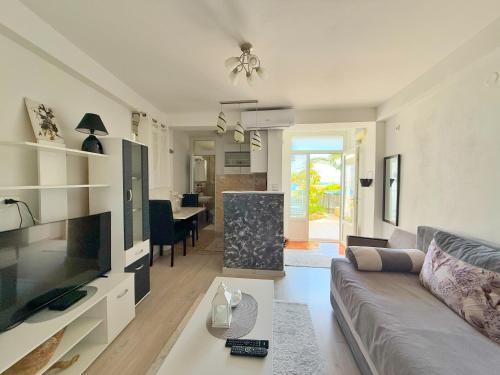 a living room with a couch and a tv and a table at Apartmani Avanti Becici in Becici