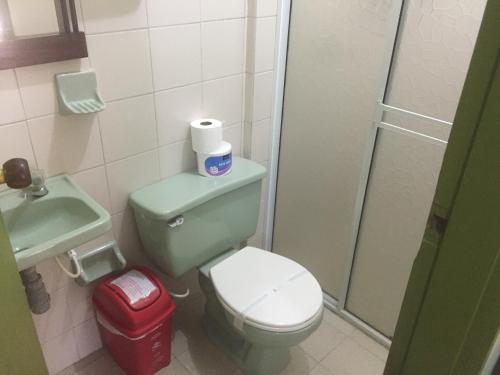 a bathroom with a green toilet and a shower at Hosteria de la Plaza Menor in Santa Fe de Antioquia