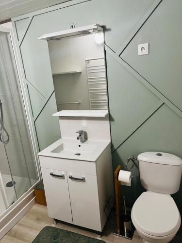 une salle de bain avec des toilettes blanches et un lavabo dans l'établissement Villa Riva-Mela, à Ouistreham