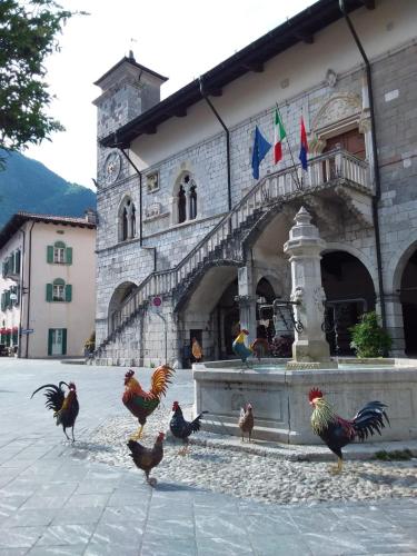 a group of chickens walking in front of a building at Appartamento Palazzo Gattolini Venzone in Venzone