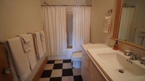 a bathroom with a sink and a toilet and a mirror at Cameron House Next Door in Manteo