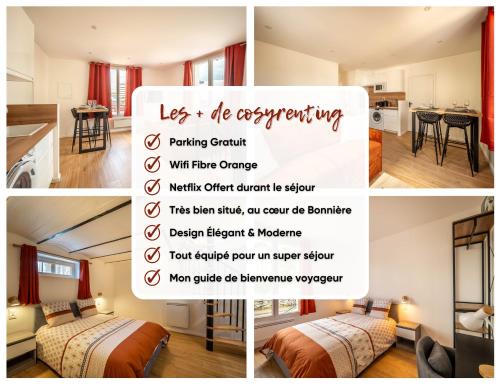 un collage de photos d'une chambre avec 2 lits dans l'établissement Le PÉTRA - Self Checkin Automatique - Netflix - 15 min Giverny, à Bonnières-sur-Seine