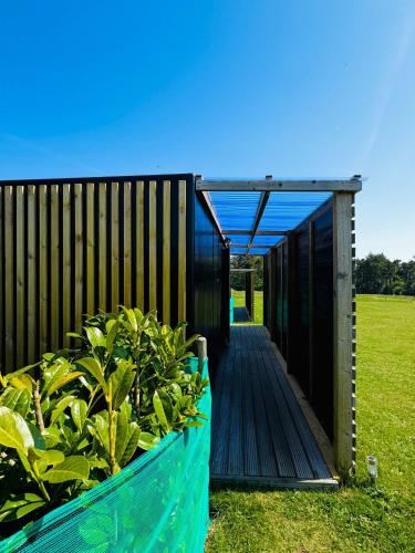 a house with a wooden deck and some plants at Forest Edge Glamping in Gittisham