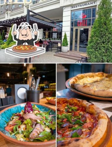 a collage of four pictures of pizzas and a pizza at АРКАДИЯ ОДЕССА Новые апартаменты ЖК Родос Black Sea in Odesa