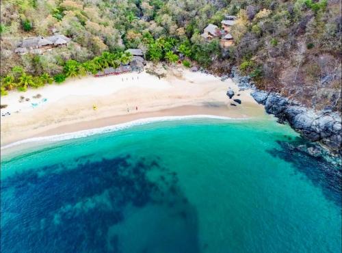 an aerial view of a beach in the ocean at Habitaciones en casa De los árboles en la playa con alberca in Arroyo Cruz