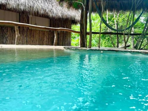 a pool of blue water in front of a hut at Habitaciones en casa De los árboles en la playa con alberca in Arroyo Cruz