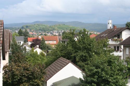 a city with houses and trees and mountains in the background at Design-Apartments by Ulrike Horster in Bensheim