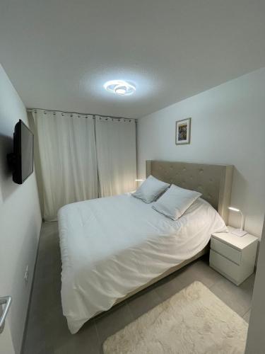 une chambre avec un lit blanc et une télévision dans l'établissement Apartment with Jacuzzi & Sauna near Toulouse, à Daux