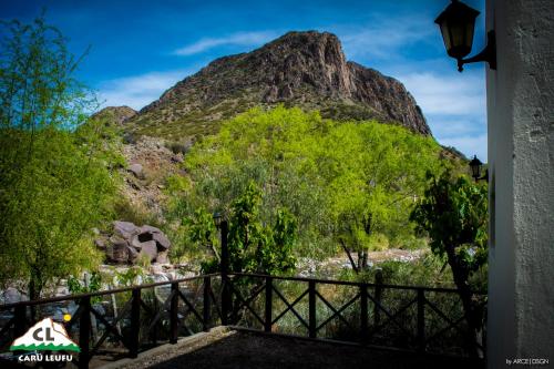 a mountain with trees in front of a fence at Carü Leufu in Valle Grande