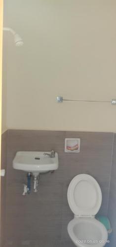 a bathroom with a toilet and a sink at Twin hearts Resort Pool Cabin 3 in Jasaan