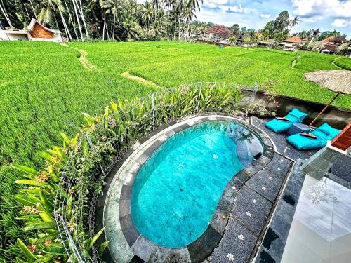 an overhead view of a swimming pool in a yard at Romantic Villa in Ubud Private Pooll and Rice Fields View in Ubud