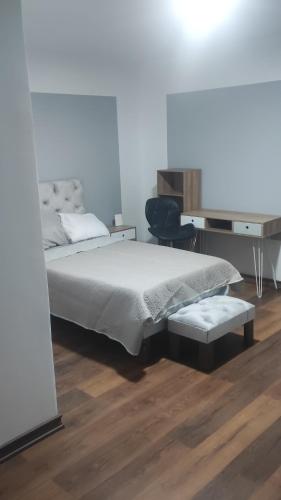 a bedroom with a bed and a desk and a chair at Pieza Amoblada in Calama