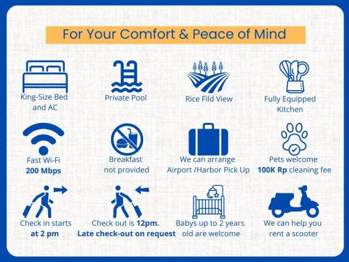 a set of icons for your comfort and peace of mind at Romantic Villa in Ubud Private Pooll and Rice Fields View in Ubud