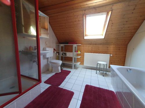 a bathroom with a toilet and a sink and a window at Landhaus Christina in Rumbach