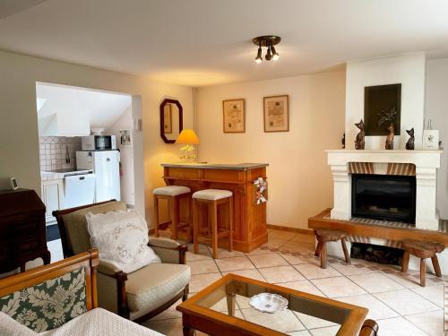 un salon avec un canapé et une cheminée dans l'établissement Gîte du Marais - Proche Chambord, Wifi, Animaux admis, Parking privé - FR-1-491-467, à Thoury
