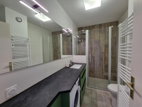 une salle de bain avec un lavabo, une douche et des toilettes dans l'établissement Appartement T3 près plage, parking, animaux admis, 4 personnes - FR-1-775-23, à Sarzeau