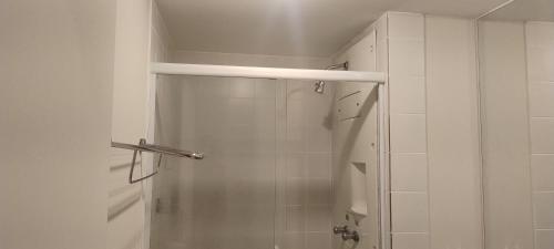 a bathroom with a shower with a glass door at Flat Aeroporto Congonhas in Sao Paulo