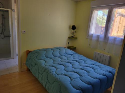 une chambre avec un lit bleu dans une pièce avec une fenêtre dans l'établissement Maisonnette à Barbâtre près plage, 4 pers., terrasse, parking - FR-1-823-156, à Barbâtre