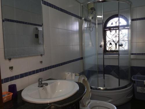 Un baño con lavabo, inodoro y ducha. en Timi Hotel, en Ho Chi Minh