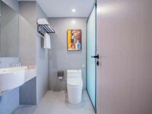a bathroom with a white toilet and a sink at Lijiang Waika Hotel in Lijiang