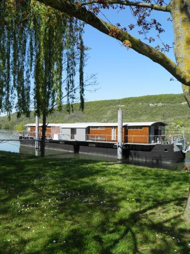 ein Zug auf einer Brücke über einen Fluss in der Unterkunft Dolce Riva Giverny - Paris Luxury Boat in Vernon