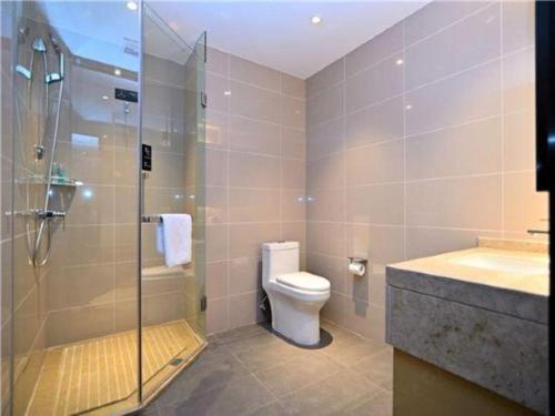 a bathroom with a shower and a toilet and a sink at City Comfort Inn Kunming High Speed Railway South Station Yongxin Harvard in Kunming
