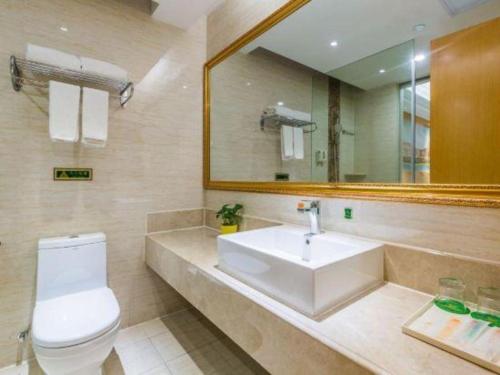 a bathroom with a sink and a toilet and a mirror at Vienna Hotel Guangdong Meizhou Fengshun in Tangkeng