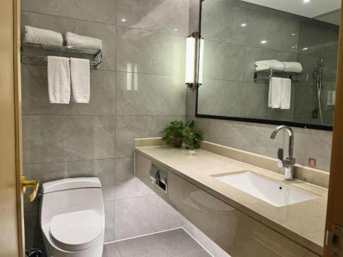 a bathroom with a toilet and a sink and a mirror at Vienna Hotel Jiangxi Shangrao High-Speed Railway Station in Shangrao