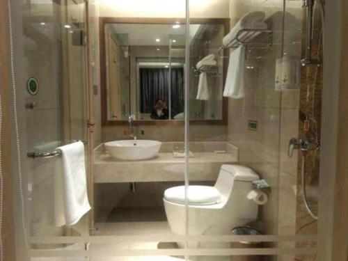 a bathroom with a toilet and a sink at Vienna Hotel Zhejiang Lishui Qingtian Post Building in Lishui