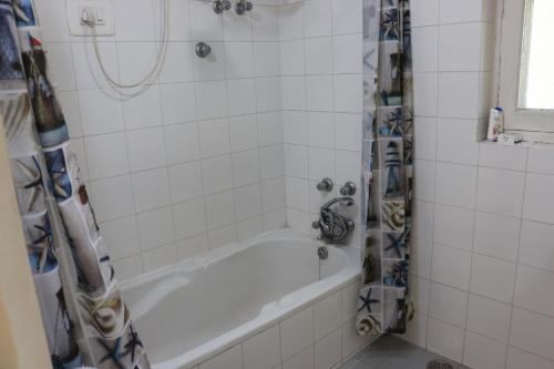 a bathroom with a bath tub with a shower at Snow Leopard Lodge in Srinagar