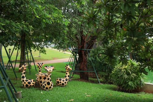 three giraffes sitting in the grass near a tree at Phu Plearn Ta Pool Villas Khaoyai in Ban Bung Toei
