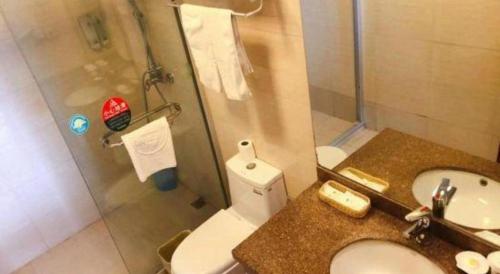 a small bathroom with a toilet and a sink at GreenTree Inn Suzhou Shihu Suli Road Express Hotel in Suzhou