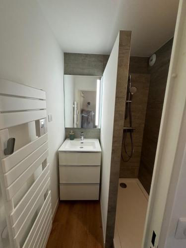 une salle de bain blanche avec un lavabo et une douche dans l'établissement Joli studio climatisé vue mer, à Six-Fours-les-Plages