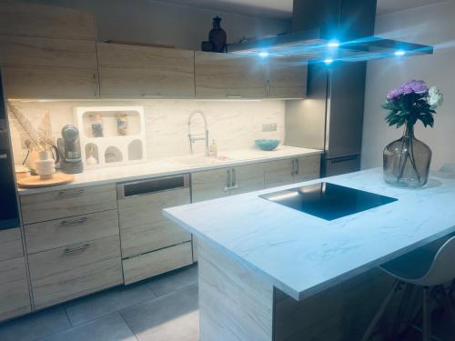 - une cuisine avec un évier et un comptoir orné d'un vase de fleurs dans l'établissement Appartement 3 pièces sur Mougins, à Mougins