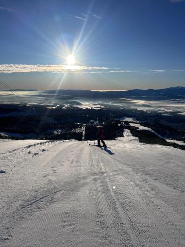 a person is skiing down a snow covered slope at Penzion UNA in Liptovský Ján