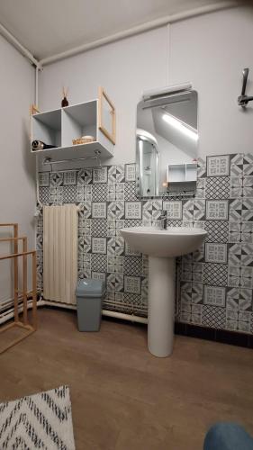 a bathroom with a sink and a mirror on a wall at Gîte La Giroflee in Meillonnas