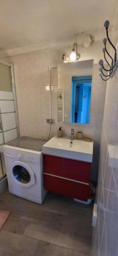 a bathroom with a washing machine and a sink at Spectacular Seaview & Sunset Studio in Old Town in Menton