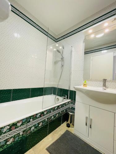 une salle de bain avec une douche, une baignoire et un lavabo dans l'établissement l'Etoile du lac, à Thonon-les-Bains