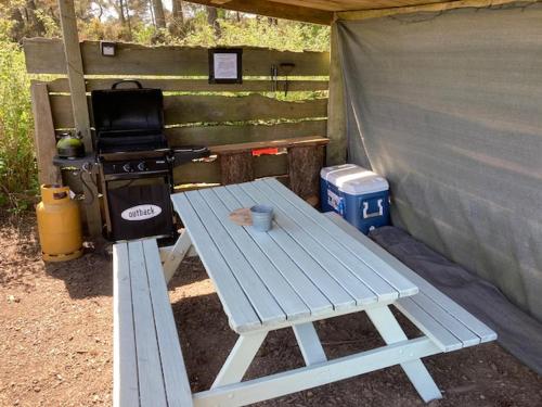 a picnic table and a grill in a tent at Penbedw Uchaf Estate - Rural retreats, tennis in Mold